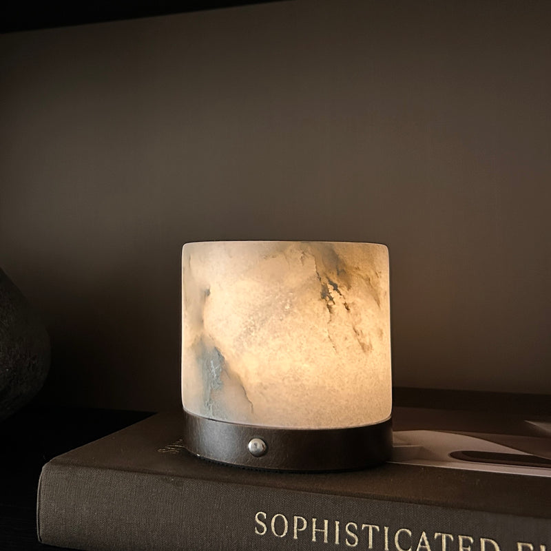 Column cordless stone table lamp crafted from naturally veined Spanish alabaster