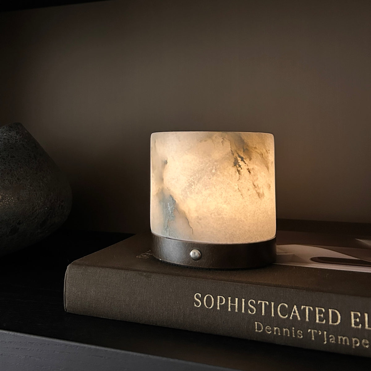 Column cordless alabaster stone table lamp styled with warm ambient lighting