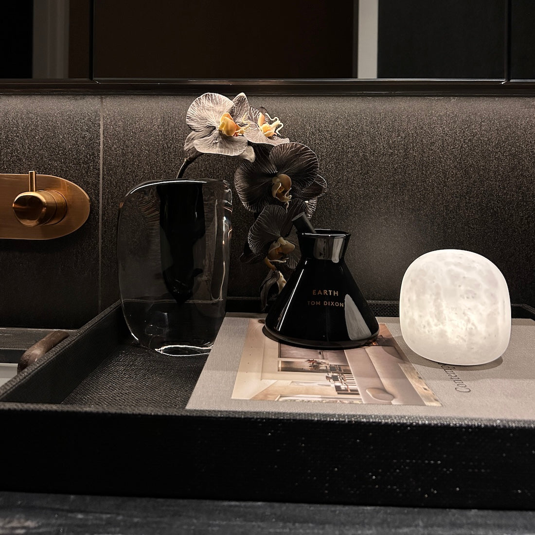 Cove cordless alabaster stone table lamp styled in a contemporary interior