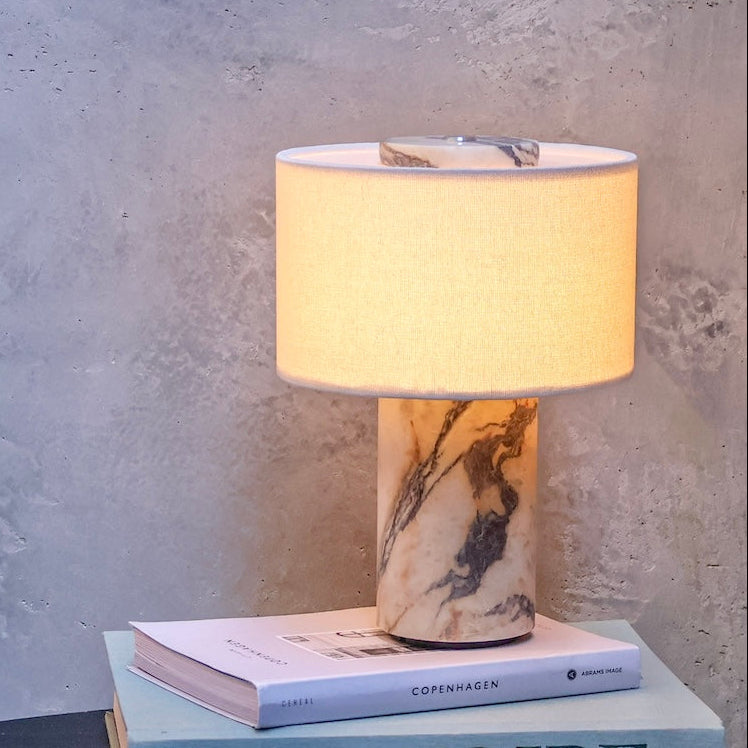 Calacatta Viola marble portable table lamp with fabric shade by Lokah Co