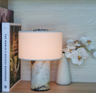Portable Calacatta Viola marble lamp on bookshelf with dimmable warm lighting