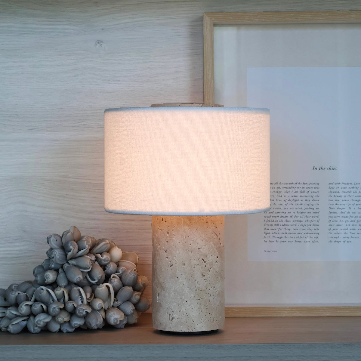 Travertine stone portable table lamp with fabric shade by Lokah & Co