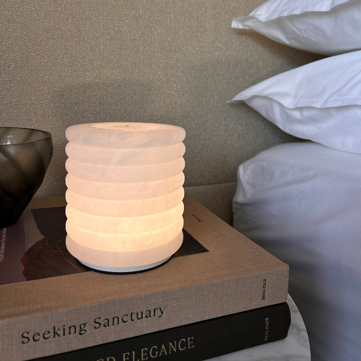Pillar cordless Spanish alabaster table lamp creating warm ambient light