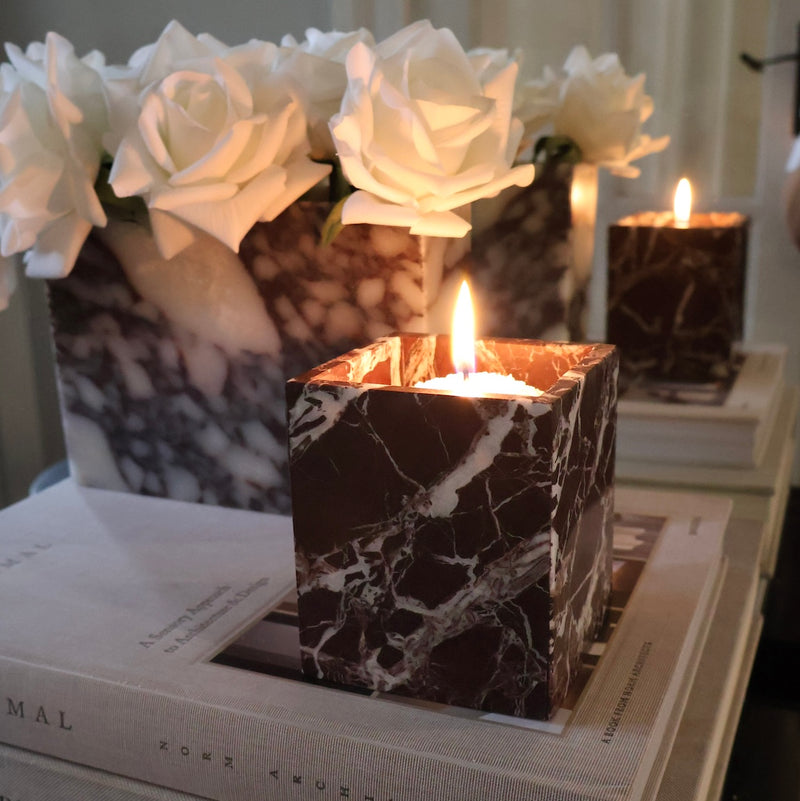 Rosso Levanto Square Marble Vessel | Includes Candle Sand