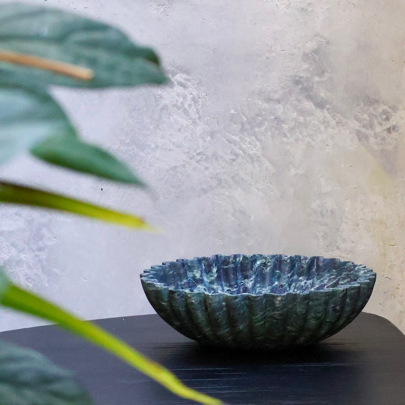 Verde Alpi marble scalloped bowl sculptural green stone bowl by Lokah Co