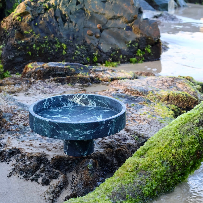 Verde Alpi marble pedestal fruit stand bowl showing natural green stone veining
