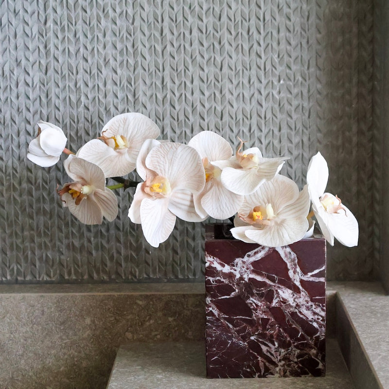 Rosso Levanto marble square vessel sculptural red marble jar by Lokah & Co used as a flower vase