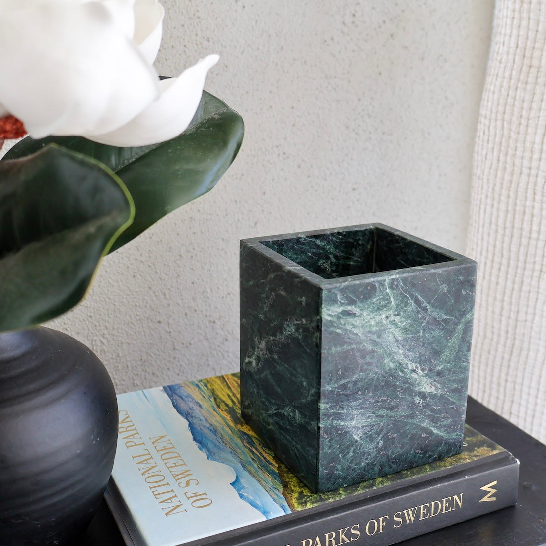 Verde Alpi marble vessel sculptural marble container for modern interiors