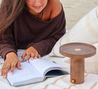 Cordless walnut wood lamp with adjustable warm ambient light for outdoor reading