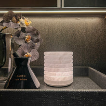Pillar rechargeable alabaster lamp with ribbed sculptural stone
